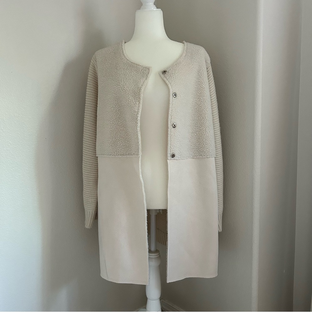 Dor Dor Couture Buttoned Cardigan in Off White Beige Long Faux Shearling Suede